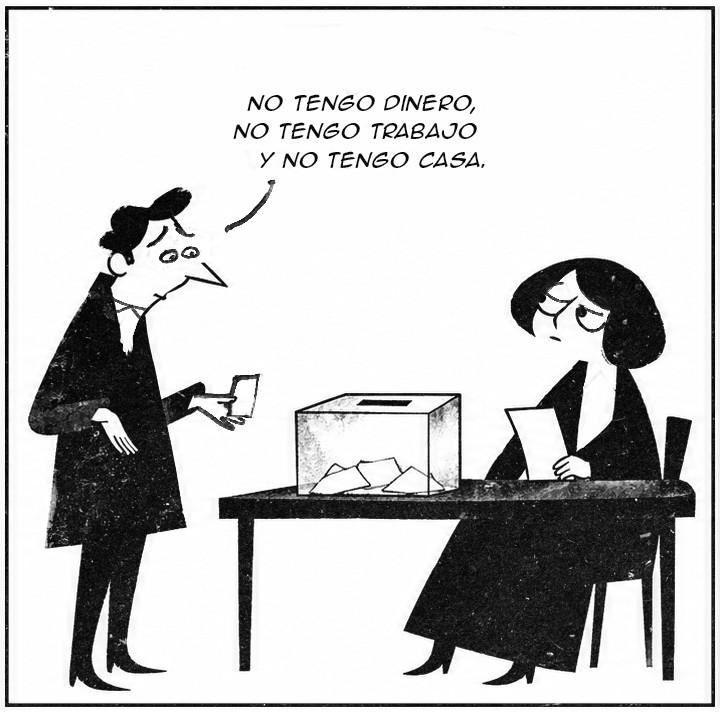 Viñeta 2: el hombre, cabizbajo, contesta: «No tengo dinero, no tengo trabajo y no tengo casa»