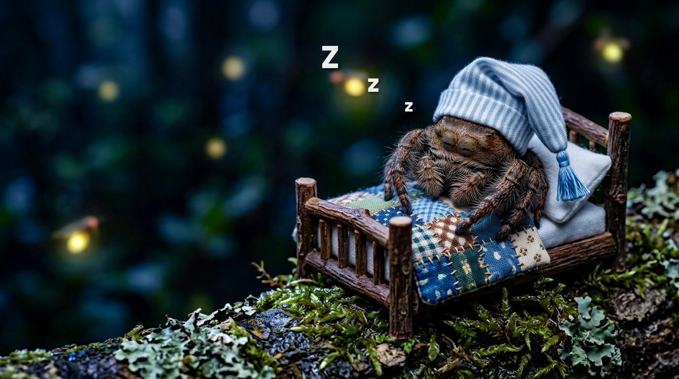Una araña saltarina duerme en una cama en miniatura con gorro de dormir de rayas azules y edredón de patchwork