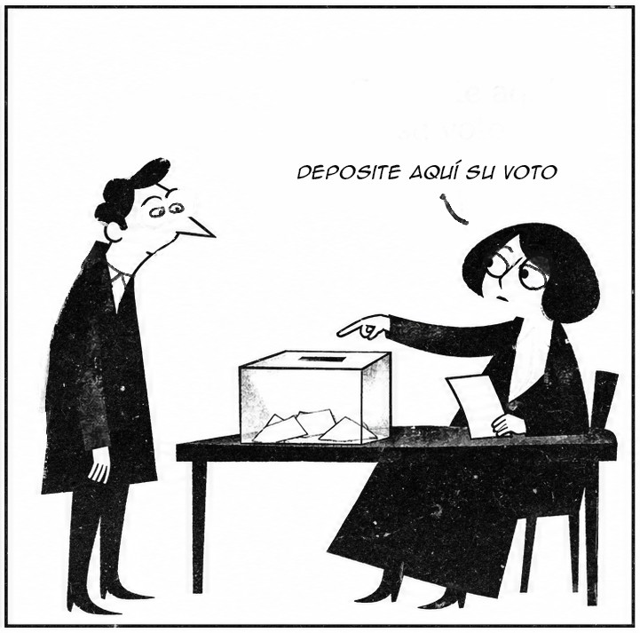 Viñeta 3: la mujer señala la urna y le dice: «Deposite aquí su voto»