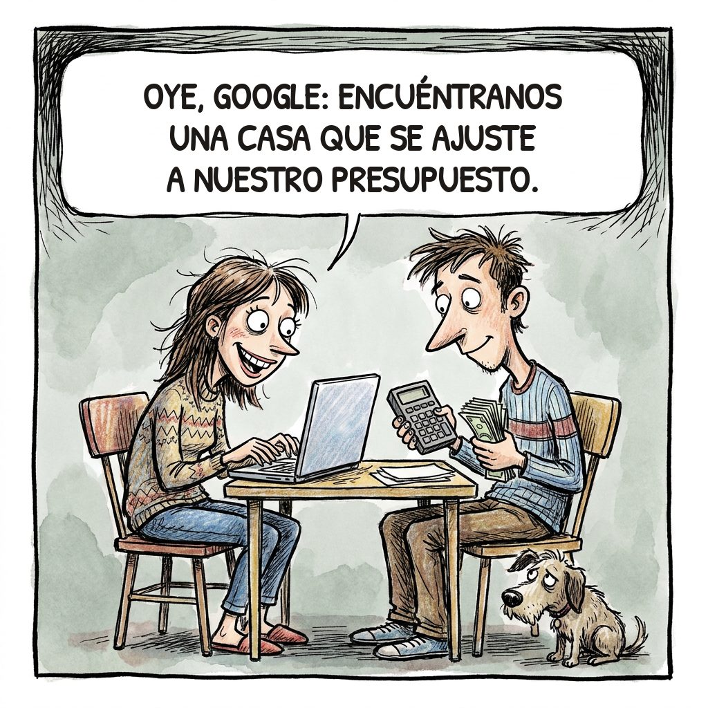 Viñeta 1: una pareja joven pide al ordenador una casa que se ajuste a su presupuesto