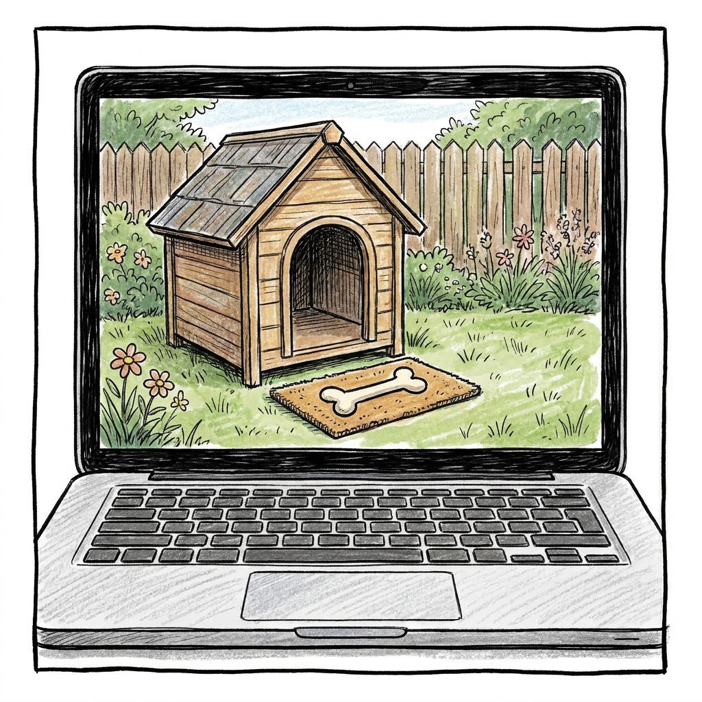 Viñeta 2: en la pantalla aparece una caseta de perro con un felpudo con un hueso