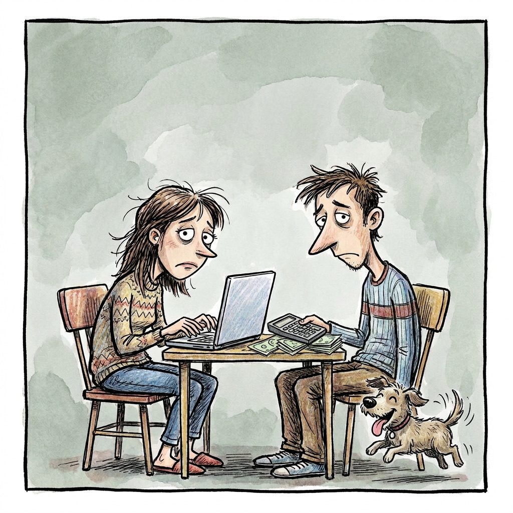 Viñeta 3: la pareja mira a cámara desesperada mientras el perro salta de alegría